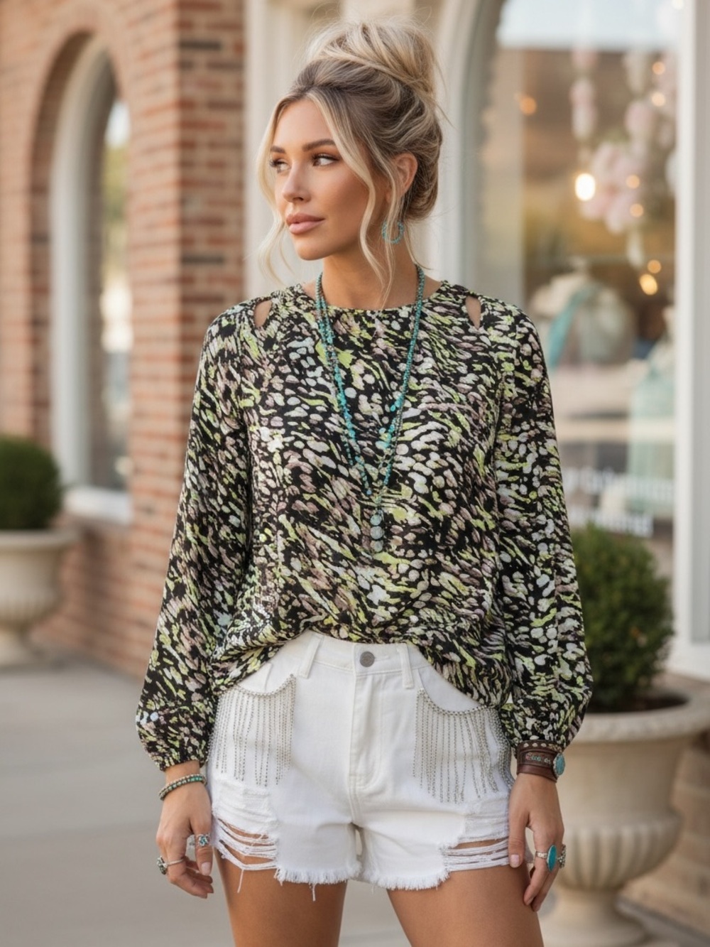 Silk Blouse Size 8 Cut-Outs Tie Accents long sleeves